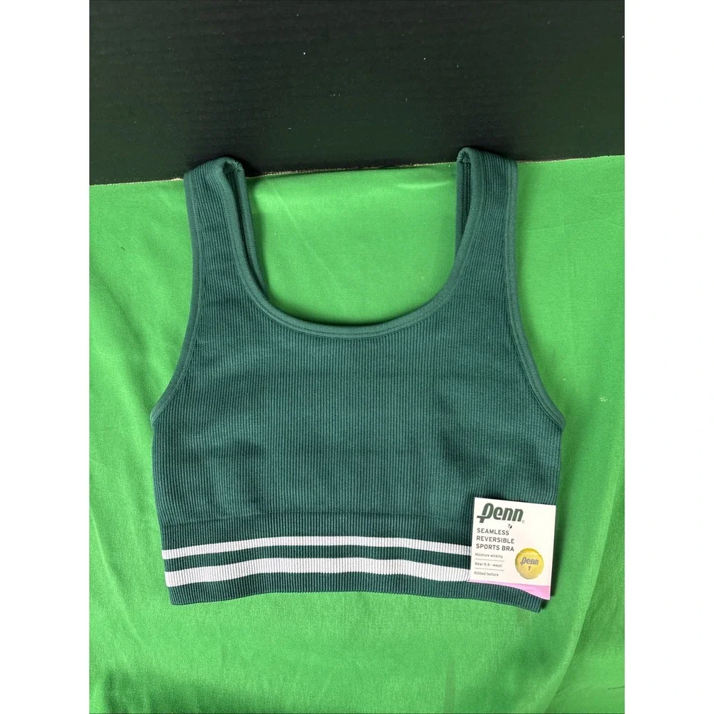 Penn Womens Seamless Reversible Sports Bra Green Size S Ribbed Striped NWT